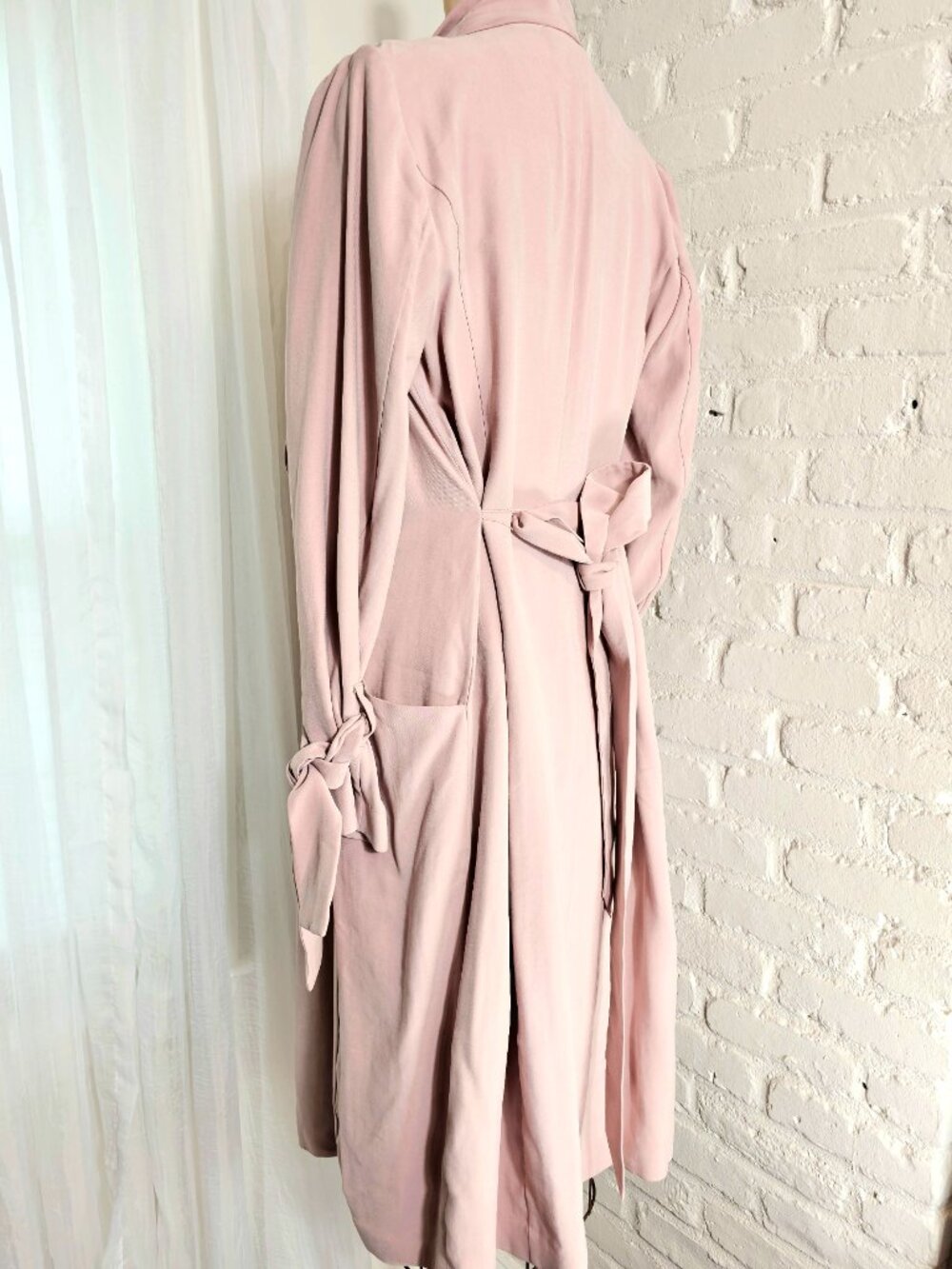 Express Blush Drape Trench Coat Size M Tie Waist Lightweight Open Front Jacket - Picture 5 of 11